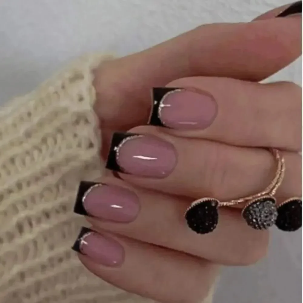 3for$20 set 24pcs Long Square Black French Glitter Style Fake Nail,nail file